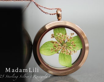 Pendentif médaillon en verre de fleur d'aneth d'hortensia vert - 925 Sterling Rose Gold Botanical Garden Wedding Holiday Floral Elegant Luxury Necklace