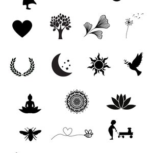 May include: A collection of black silhouette illustrations on a white background. The images include an infinity symbol, an anchor, a heart, a tree, a ginkgo leaf, a dandelion, a laurel wreath, a crescent moon with stars, a sun, a dove, a Buddha, a mandala, a lotus flower, a bee, a child with a wagon, footprints, and a dragonfly.