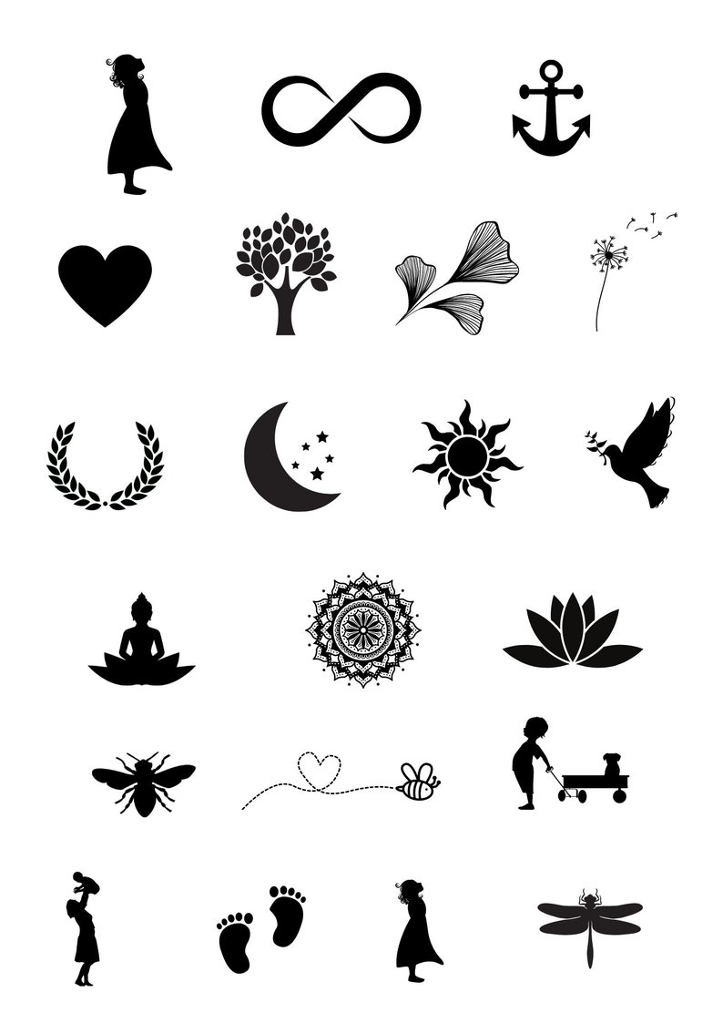 May include: A collection of black silhouette illustrations on a white background. The images include an infinity symbol, an anchor, a heart, a tree, a ginkgo leaf, a dandelion, a laurel wreath, a crescent moon with stars, a sun, a dove, a Buddha, a mandala, a lotus flower, a bee, a child with a wagon, footprints, and a dragonfly.