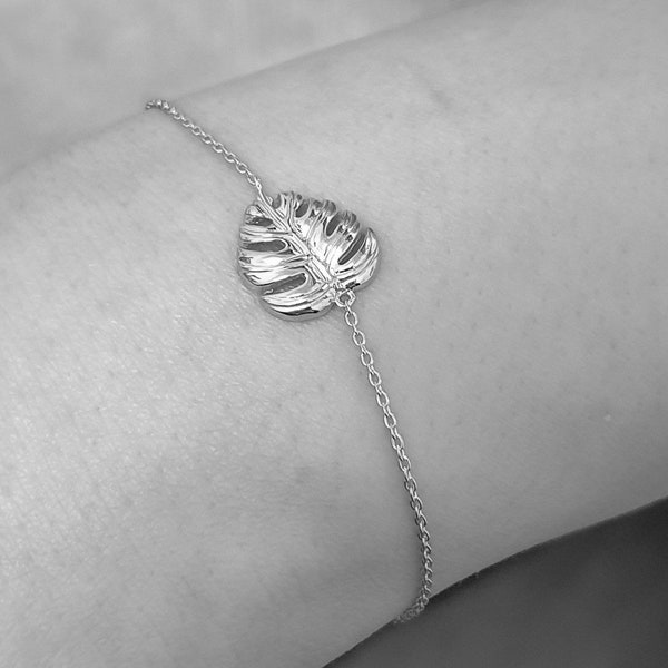 Monstera Blatt Armband - 925 Sterling Silber Exotisch Pflanzen Botanik Gartenliebhaber Naturfreund Minimalisten Schmuck - Naturschmuck