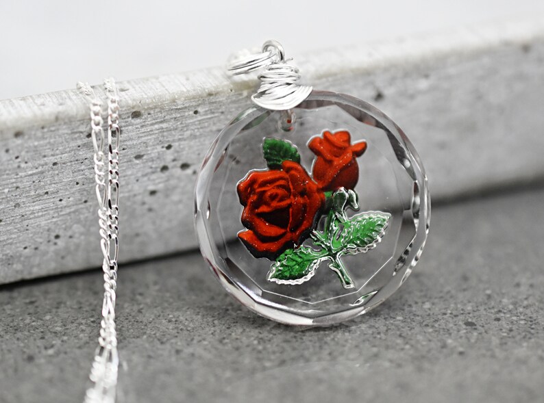 Frozen Rose Vintage Glass Pendant 925 Sterling Silver Wire Wrapped Elegant Bridesmaid Necklace Floral Botanical Retro Design Jewelry image 6