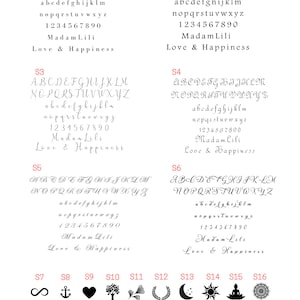 May include: A reference sheet displaying various fonts and symbols for engraving. The sheet includes examples of alphabets, numbers, and decorative icons such as hearts, trees, and celestial bodies. The text "GRAVUR Schriftarten & Symbole" is at the top.