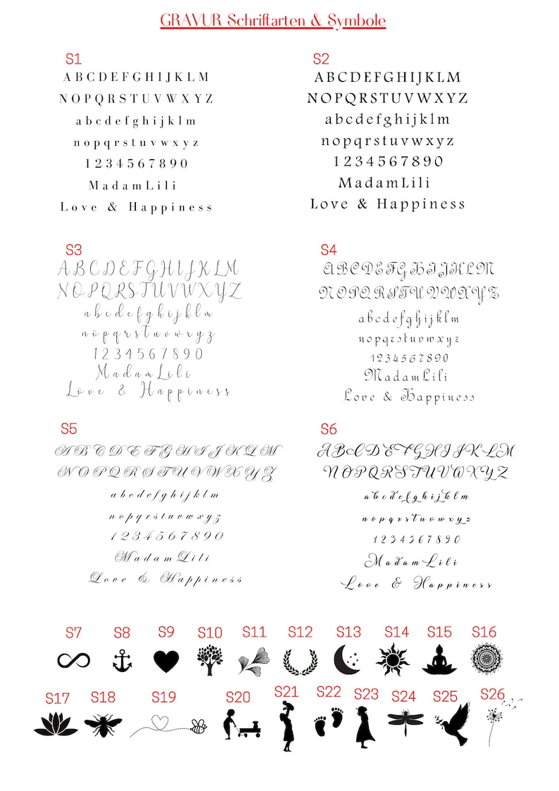 May include: A reference sheet displaying various fonts and symbols for engraving. The sheet includes examples of alphabets, numbers, and decorative icons such as hearts, trees, and celestial bodies. The text "GRAVUR Schriftarten & Symbole" is at the top.