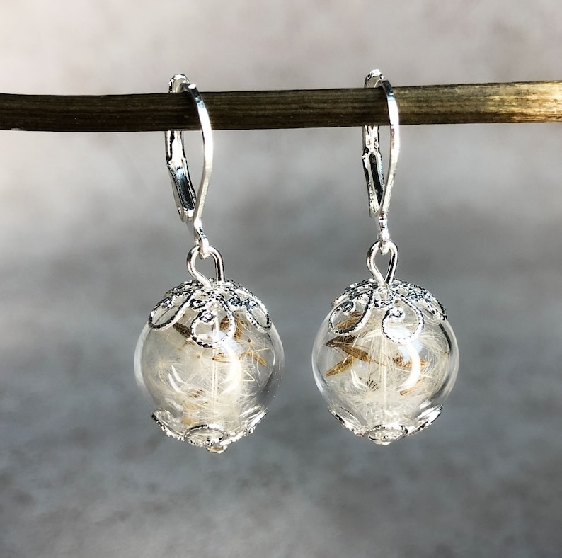 Gift Box Natural Jewelry REAL DANDELION SEEDS Earrings Silver Plated