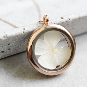 Hydrangea Dried Leaf Glass Locket Pendant Rose Gold Plated Real White Flower Botanical Plant Terrarium Floral Wedding Bridal Jewelry image 3