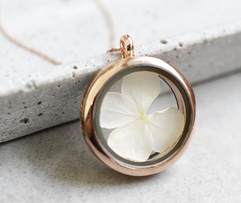 Hydrangea Dried Leaf Glass Locket Pendant Rose Gold Plated Real White Flower Botanical Plant Terrarium Floral Wedding Bridal Jewelry image 3