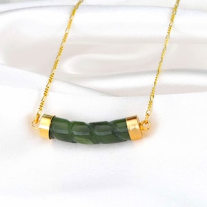 Gemstone Bar Necklace - Green Jade Mystical Pendant - 925 Sterling Gold Plated Wisdom Symbolic Jewelry - Birthstone March
