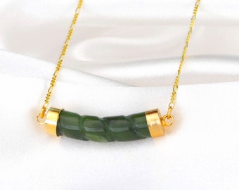 Gemstone Bar Necklace - Green Jade Mystical Pendant - 925 Sterling Gold Plated Wisdom Symbolic Jewelry - Birthstone March