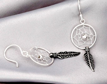 Traumfänger Ohrringe - 925 Sterling Silber Tribal Boho Schaman Schmuck - Lange Feder Ohrhänger - Schamanen Spiritueller Schmuck OHR925-42