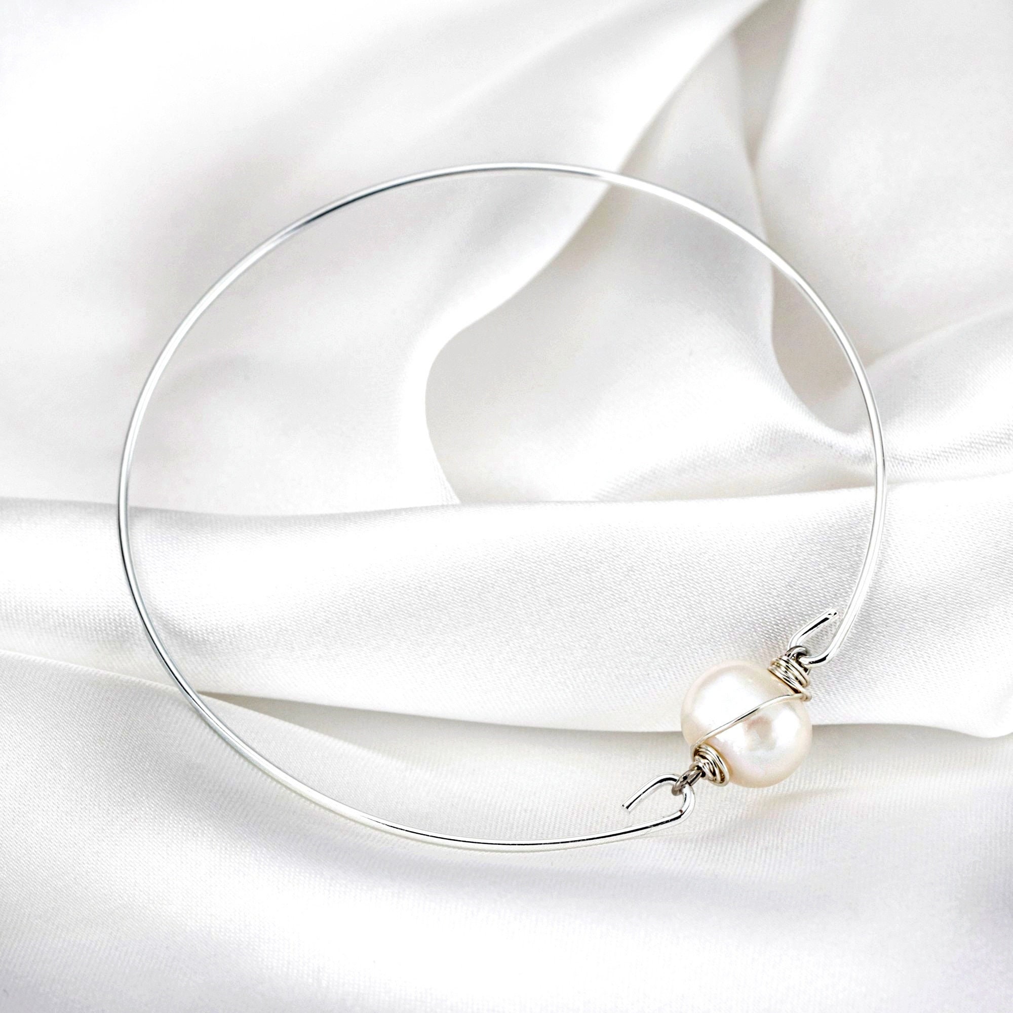Classic Pearl Bangle - Silver Dainty Elegant Minimalistic Casual Wedding Jewelry - Bride Bridesmaid Gift for her
