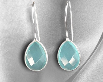 Aquamarine Earrings - 925 Sterling Silver Luxurious Gemstone Jewelry - March Birthstone Small Dainty Drop Earrings - Calming Stress Relief