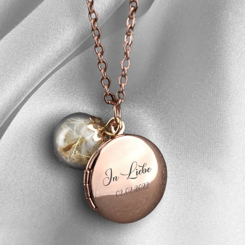 Rose Gold Locket Necklace WITH Your Photo Personalized Dandelion Glass Charm Delicate Custom Jewelry Memorial Couple Gift Idea zdjęcie 8