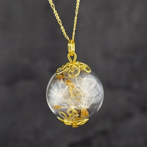 Collier pissenlit en verre - Chaîne de graines de fleurs en argent sterling 925 plaqué or 18 carats - Collier de souhaits tendance délicat - Idée cadeau pour la fête des Mères