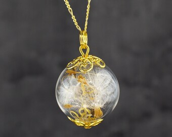 Glass Dandelion Necklace - 925 Sterling Silver 18K Gold Plated Chain Flower Seeds - Dainty Trendy Wish Necklace - Mother’s Day Gift Idea