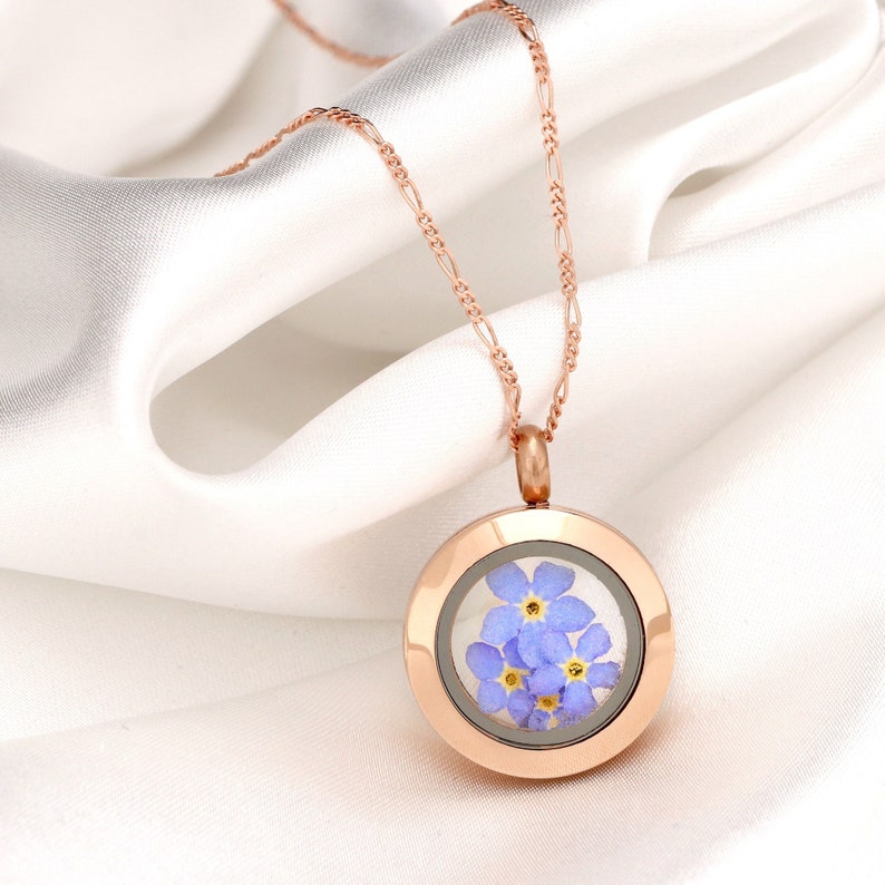 Forget Me Not Locket Rose Gold Necklace Nature Inspired Romantic Jewelry 925 Sterling Wedding Bridesmaid Gift For Her zdjęcie 5