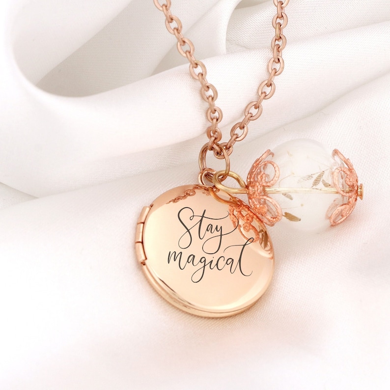 Monogram Necklace Photo Locket Rose Gold Personalized Gift Dandelion Glass Charm Nature Inspired Custom Engraved Jewelry image 1