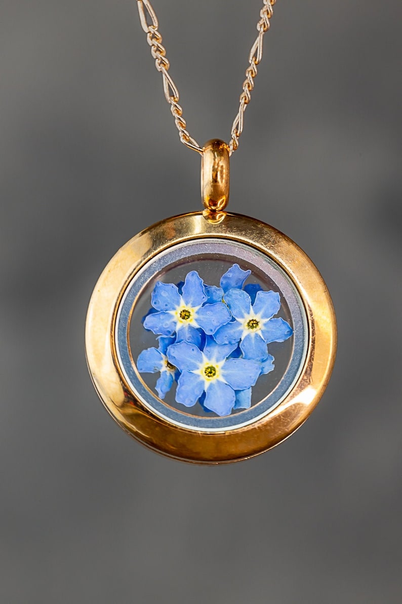 Puede incluir: Un collar con un medall&oacute;n de oro y un inserto de vidrio transparente que contiene un grupo de flores azules de nomeolvides.