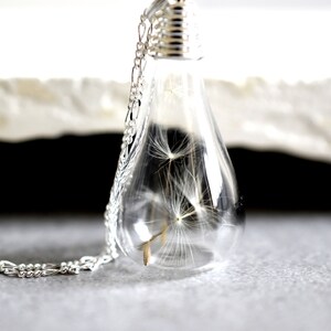 DANDELION Make A Wish Silver Necklace Drop Glass Dandelion 925 Sterling Silver Necklace Nature Lover Pendant with Long Chain Gift Box image 2