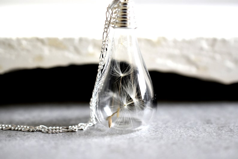 DANDELION Make A Wish Silver Necklace Drop Glass Dandelion 925 Sterling Silver Necklace Nature Lover Pendant with Long Chain Gift Box image 2