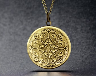 Engraved Photo Locket Necklace - Vintage Bronze Floral Jewelry