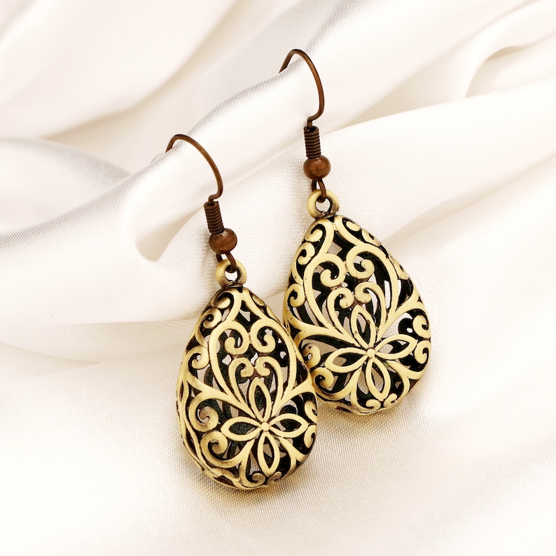 Vintage Earrings Tear Drop 1001 Night Marrakesh Orient Style Bronze Elegant Jewelry Ornament Art Deco Wedding Festival Party Gift image 1