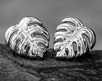 Monstera Leaf Ear Studs - 925 Sterling Silver Tiny Tropical Exotic Leaves Bijoux - Botanique Floral Plant Garden Lovers Flower Jewelry