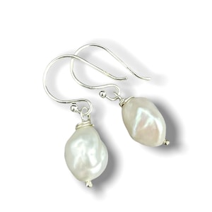 Freshwater Pearls Earrings - White Silver Sophisticated Bridal Jewelry - Delicate Dainty Dangling Drop Baroque Earrings - Mother Day Gift