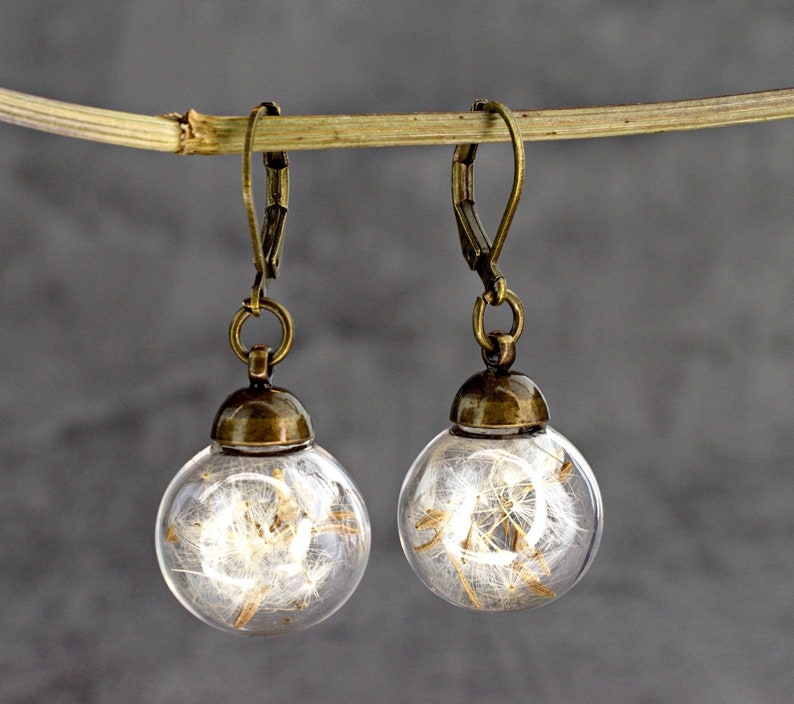 Bronze Real Dandelion Earrings Flower Seed in Glass Ball Lightweight Spring Delicate Jewelry Dangling Pressed Plant Botanical Earrings image 2