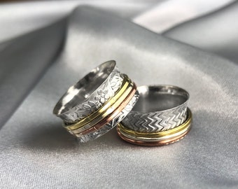 Blumen Spinner Ring mit dreifarbigem Band - Dickes 925 Sterling Silber Band - Sorgen Meditation Beten Ring für Frau - Fidget Schmuck