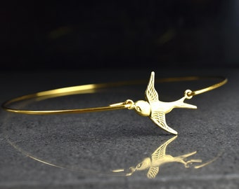 Bangle with Bird Charm Flying Swallow Gold Plated Nature Vintage Inspired Minimalist Trendy Bracelet Freedom Symbol Moving Away Gift