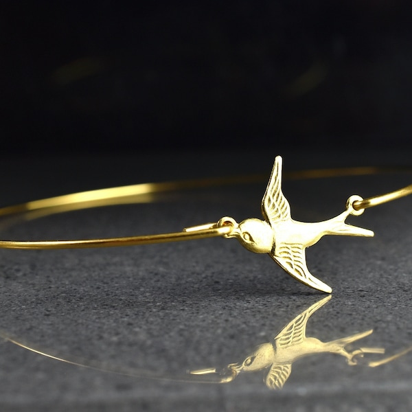 Bangle with Bird Charm Flying Swallow Gold Plated Nature Vintage Inspired Minimalist Trendy Bracelet Freedom Symbol Moving Away Gift