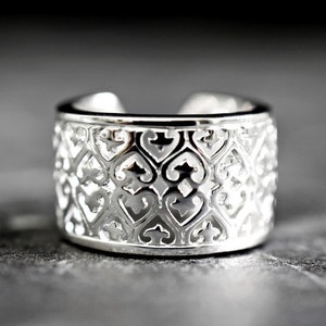 Heart Silver Ring with Engraved Texture Artistic Wide Ring 925 Sterling Silver Adjustable Unisex Statement Jewelry Oriental Motif image 8