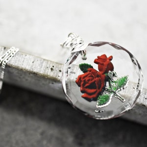 Frozen Rose Vintage Glass Pendant 925 Sterling Silver Wire Wrapped Elegant Bridesmaid Necklace Floral Botanical Retro Design Jewelry image 4