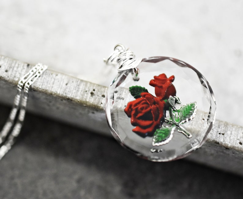 Frozen Rose Vintage Glass Pendant 925 Sterling Silver Wire Wrapped Elegant Bridesmaid Necklace Floral Botanical Retro Design Jewelry image 4