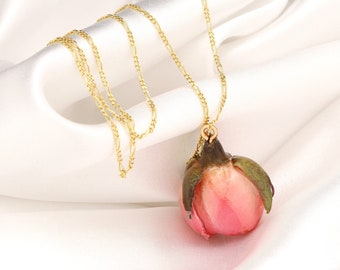 Collier pendentif Peachy Rose - Plaqué or sterling 925 - Bijoux romantiques de fleurs naturelles botaniques - Idée cadeau pour Bestie Sister