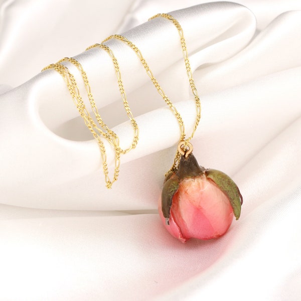 Collar colgante de rosa melocotón - chapado en oro de ley 925 - joyería romántica de flores naturales botánicas - idea de regalo para la hermana bestie