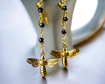 Golden Bee Earrings - Semi Precious Black Onyx Gemstone - Summer Jewelry - Dangling Drop Delicate Earrings - December Birthstone Leo Sign