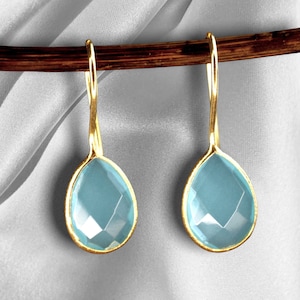 Aquamarine Earrings - 925 Sterling Gold Plated Gemstone Earrings - Birthstone March Drop Earring - Birthday Gift Idea - Jewelry Box