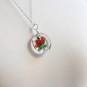 Frozen Rose Vintage Glass Pendant 925 Sterling Silver Wire Wrapped Elegant Bridesmaid Necklace Floral Botanical Retro Design Jewelry image 5