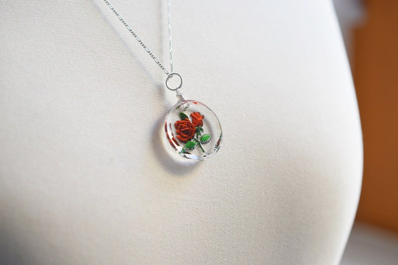 Frozen Rose Vintage Glass Pendant 925 Sterling Silver Wire Wrapped Elegant Bridesmaid Necklace Floral Botanical Retro Design Jewelry image 5