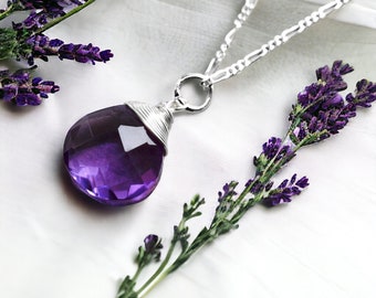 925 Sterling Silver Necklace with Amethyst Drop - Elegant Jewelry (50cm / 20 inches) - Gemstone Spiritual Birthstone February