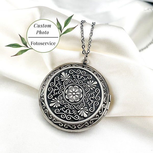 Collar con medallón personalizado para foto - Medallón de plata Art Déco, recuerdo personalizado