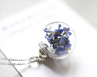 Forget Me Not Charm Pendant - 925 Sterling Silver - Blue Dainty Floral Natural Botanical Terrarium Necklace - Remembrance Rebirth Jewelry