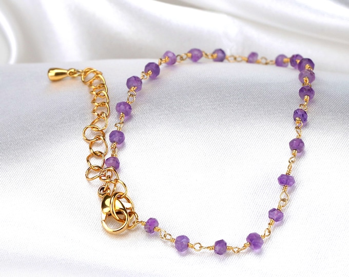Amethyst Gold Bracelet - Purple Gemstone Mystical Symbolic Wisdom Rebirth Spiritual Jewelry - Birthstone February Zodiac Sign Pisces