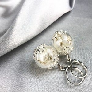 May include: A pair of silver earrings with clear glass orbs containing dried dandelion seeds. The orbs are decorated with a silver filigree design.
