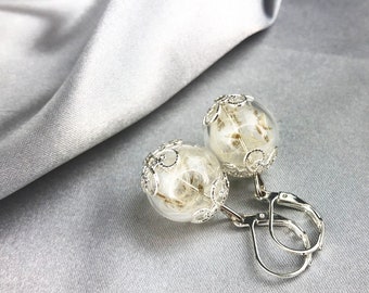 Pendientes de terrario con semillas de diente de león, joyería de esferas de cristal floral plateado