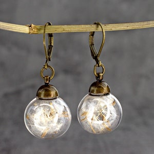 Bronze Real Dandelion Earrings Flower Seed in Glass Ball Lightweight Spring Delicate Jewelry Dangling Pressed Plant Botanical Earrings image 8