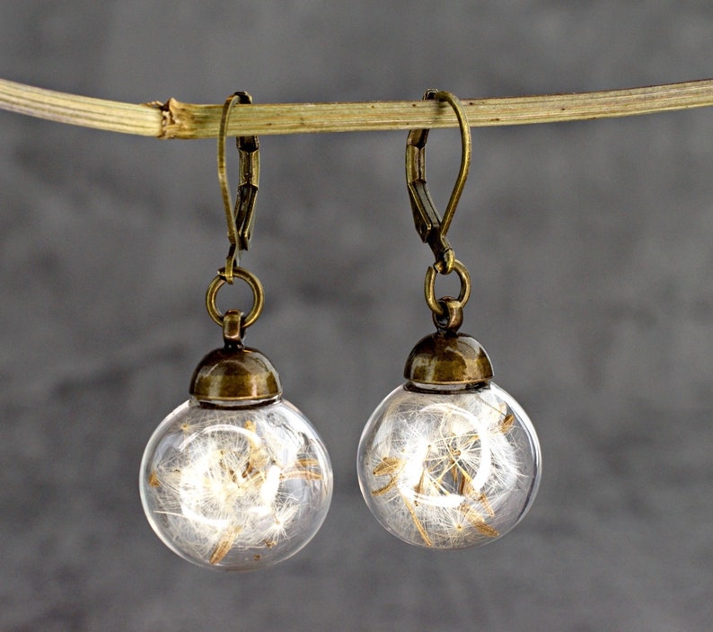 Bronze Real Dandelion Earrings Flower Seed in Glass Ball Lightweight Spring Delicate Jewelry Dangling Pressed Plant Botanical Earrings image 8