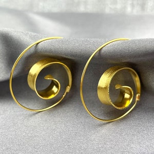 Gold Spiral Earrings - Hammered Hoop 925 Sterling Gold Plated Simplistic Casual Jewelry - Dangling Swirl Chunky Earrings - Graduation Gift