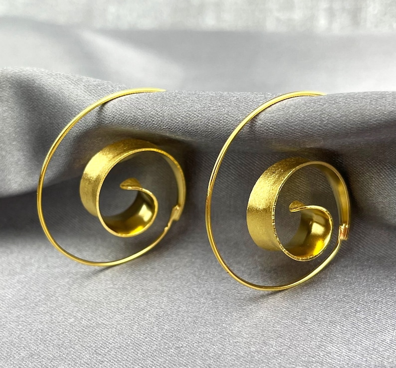 Gold Spiral Earrings Hammered Hoop 925 Sterling Gold Plated Simplistic Casual Jewelry Dangling Swirl Chunky Earrings Graduation Gift image 1